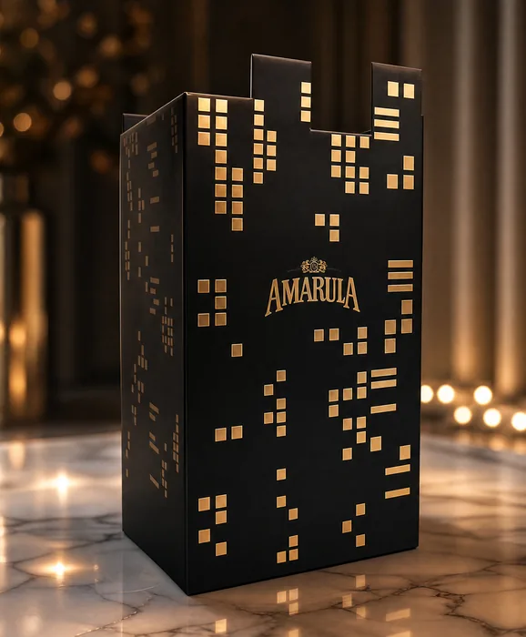 Amarula Gold carton in black with a gold foil city skyline